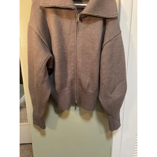 Women's Size Large Full Zip Cardigan Sweater Oversized Collar Cafe Brown Ribbed - Image 5