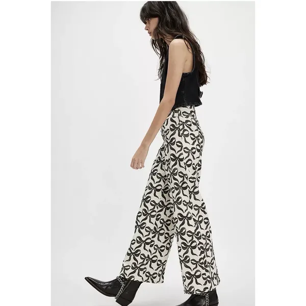 Free People Spotlight Printed High Rise Wide Leg Jeans We the Free Size 27 Bows - Image 3