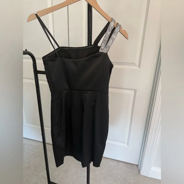 Sequin Hearts Black One-Shoulder Cocktail Dress with Crystal Strap - Image 2