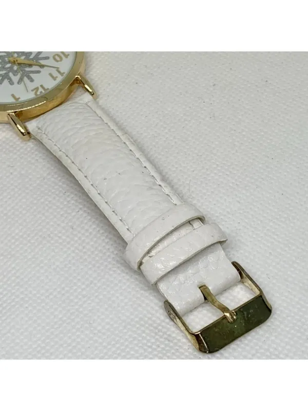 Gold tone women’s watch snowflake dial 40mm quartz analog white leather running - Image 4