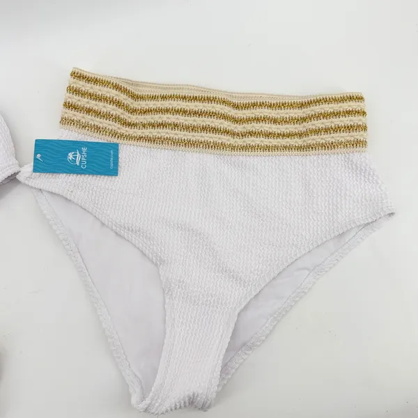 CUPSHE Womens White Smocked Bikini Set Gold Metallic Striped Trim‎ size Med New - Image 3