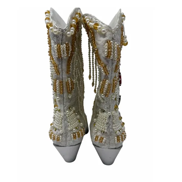 Azalea Wang Astounding White Jewel Beaded Pearl Western Cowboy Boots Size 6 - Image 7