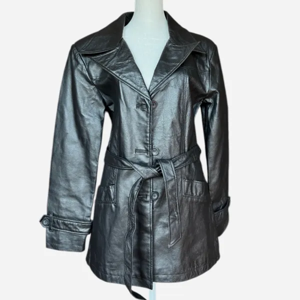 Oscar Piel 100% Leather Belted Button Front Black Coat‎ Jacket Sz M - Image 3