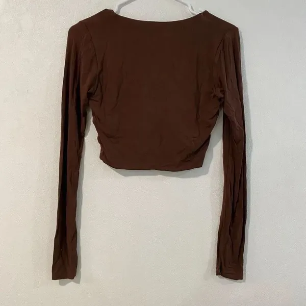 Naked Wardrobe Brown Long Sleeve Crop Top Medium Fitted Minimalist - Image 3