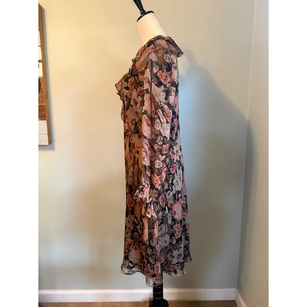 Lauren Ralph Silk Floral Ruffle Midi Dress Brown Pink boho whimsigoth 12 dainty - Image 4