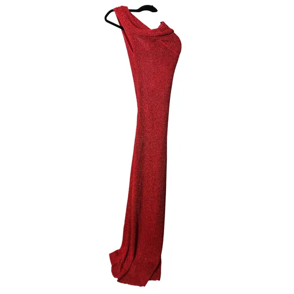 Runaway The Label Maxi Dress Red One Shoulder Rosette Metallic Knit Gown - Image 6