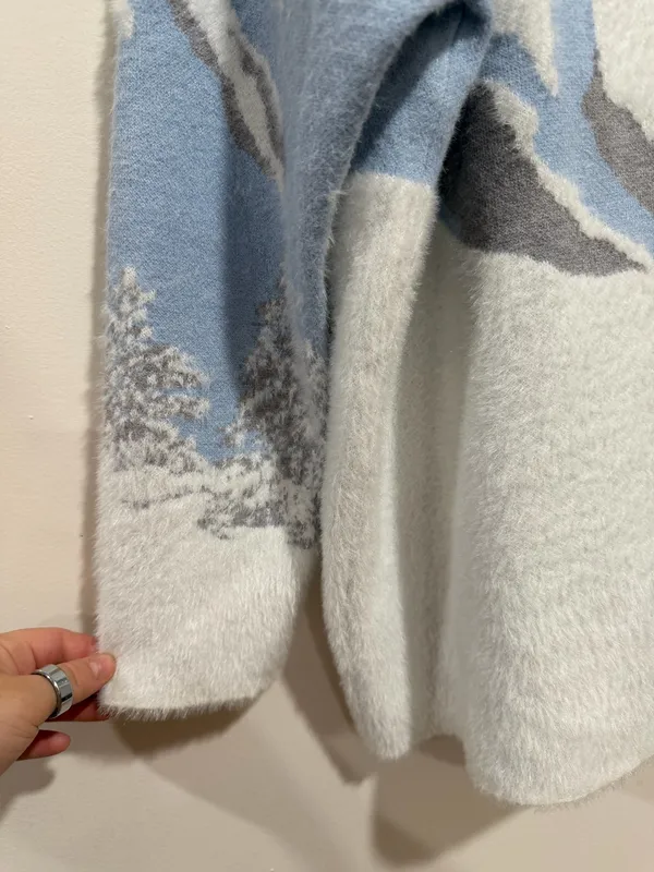 Rachel Zoe Blue White Mountain Snowy Winter Fuzzy Sweater Size 2x - Image 4