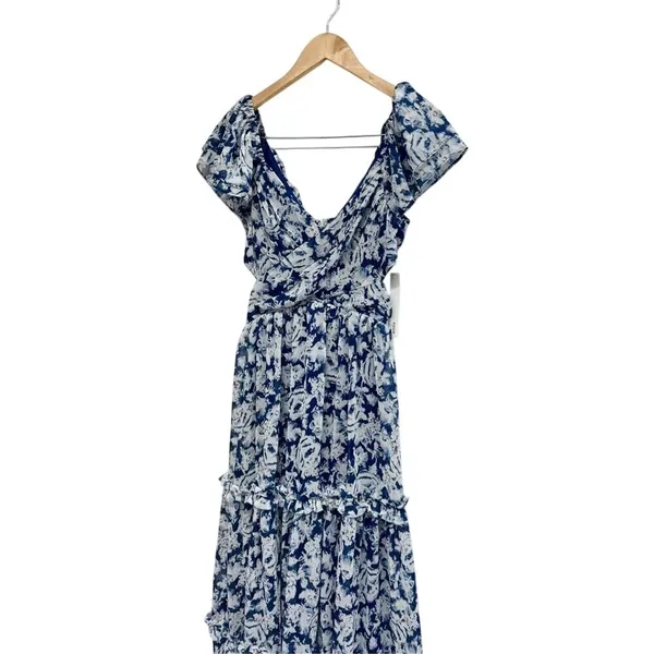 AQUA Blue White Floral Metallic Ruffle Maxi Dress Size Extra Small NWT - Image 4