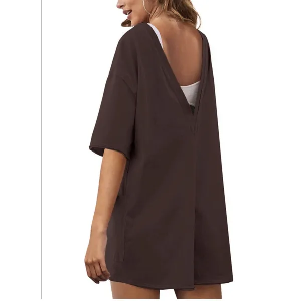 Woman’s Oversized Reversible Romper with Pockets Short Sleeve, Brown Woman’s S - Image 2