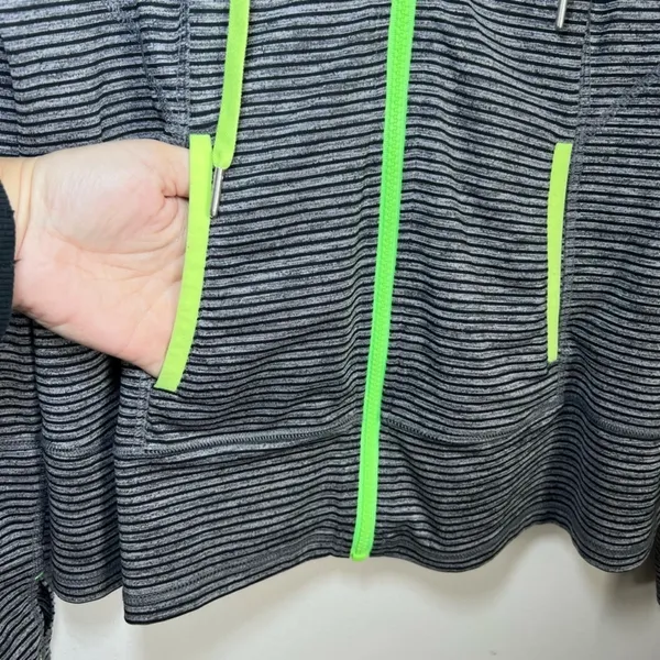 Lukka Hooded Athletic Full Zip Jacket Gray Black Stripes Pockets Thumb Holes XL - Image 7
