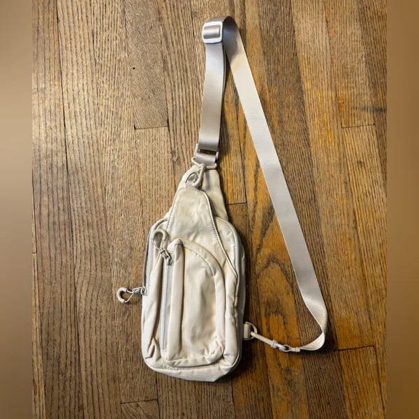 Beige Nylon Sling Crossbody Belt Bag Fanny Pack Multi Pocket - Image 3