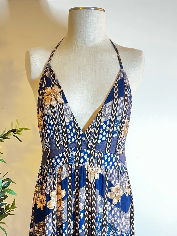 O’Neill Bohemian Navy and brown Floral Halter Low back Maxi Dress - Image 2