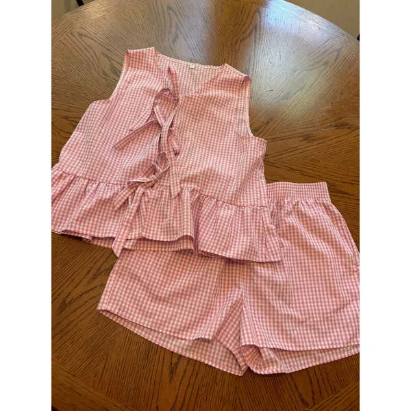 Unbranded Gingham Pajama Set Women Large Pink Bow Peplum Shorts Loungewear - Image 2