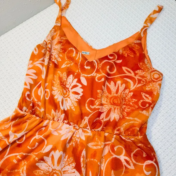 Maurice's Orange Floral Sunburst Dress V-Neck Spaghetti Strap Beach Mini Sundress- M - Image 5