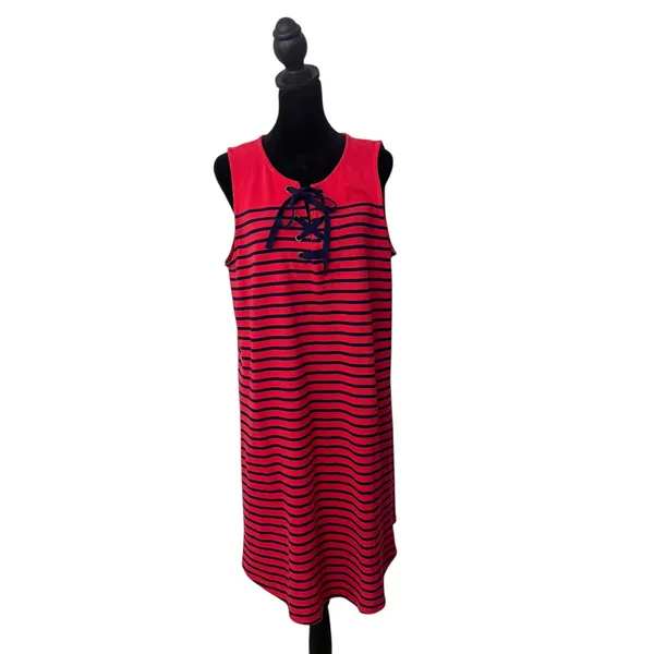 Talbots Shift Dress Size L Red Navy Striped Lace Up Knit Nautical Preppy‎ - Image 2