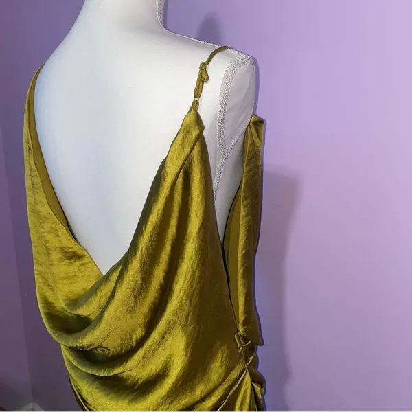 PRETTY LITTLE THING x Naomi Campbell Chartreuse Satin Extreme Cowl Bodycon Dress - Image 8