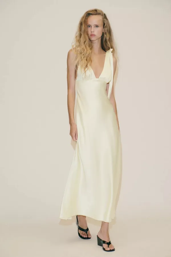 Zara Butter Yellow Halter Maxi Dress with Plunging Neckline Scarf Wedding Party - Image 16