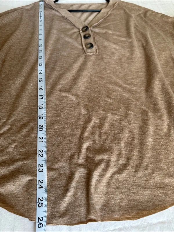 Womens V-Neck Button Henley Sweater in Heathered Camel Brown Size M - Image 5