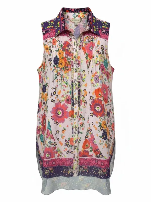 Aratta Silent Journey Mixed Floral Boho Tunic Top Ruffle Placket M Dopamine - Image 3