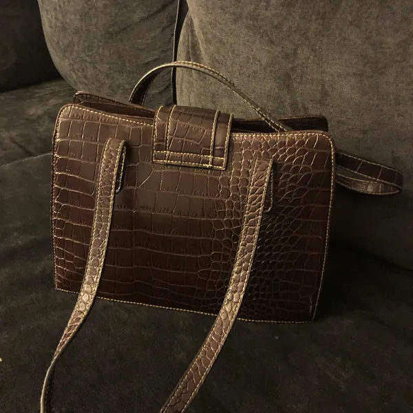 Embellished Croc Embossed Brown Shoulder Bag Silver Accent Purse - Image 6