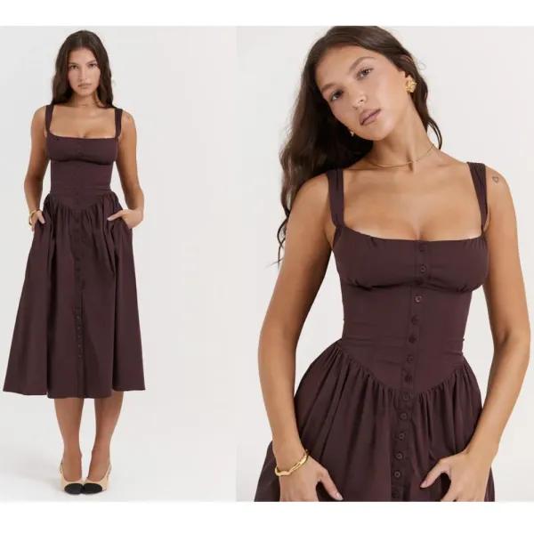 HOUSE OF CB 'Tatiana' Rich Brown Midi Sundress strappy corset back NWOT size XS - Image 2