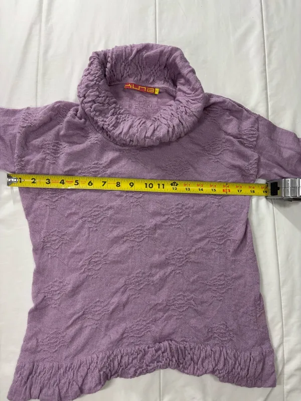 Kuna 100% luxury baby Alpaca cowl neck sweater top purple/lilac/Lavender ruffle textured knit Size S - Image 5