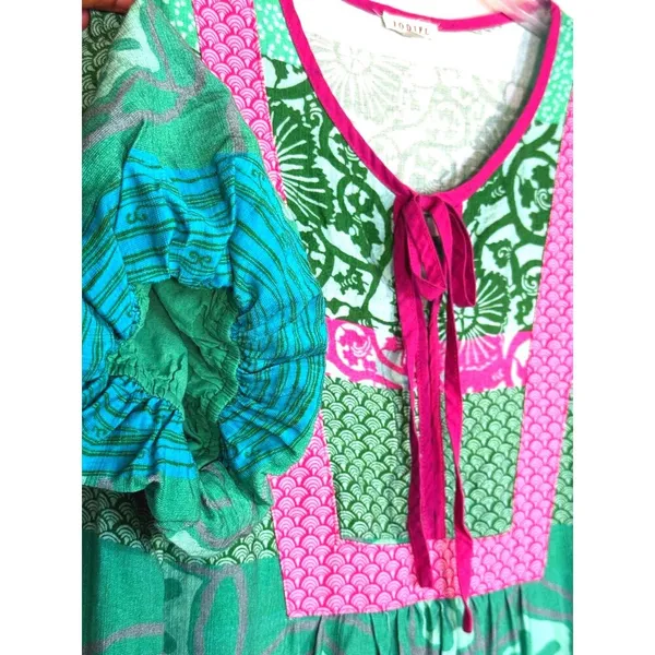 Jodifl Boho Flutter Sleeve Mixed Print Peplum Top Green Pink Medium coastal - Image 3