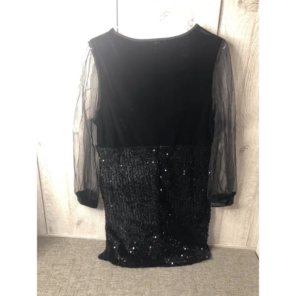 Black Velvet and Sequin Mini Dress Sheer Mesh Long Sleeve V-Neck Party Cocktail - Image 2