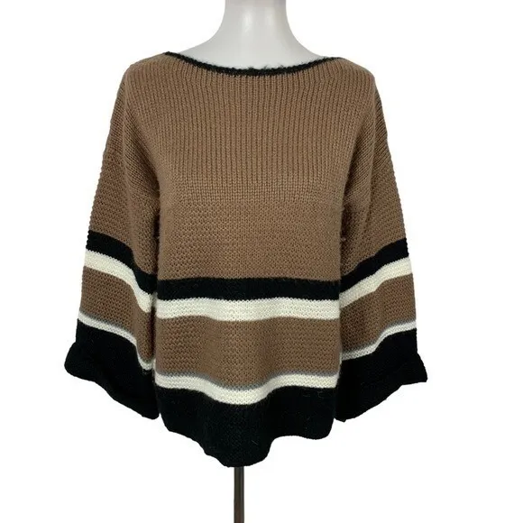 Lumiere Large Boho Chunky Knit‎ Striped Bell Sleeve Sweater Oversized Cozy Top - Image 2