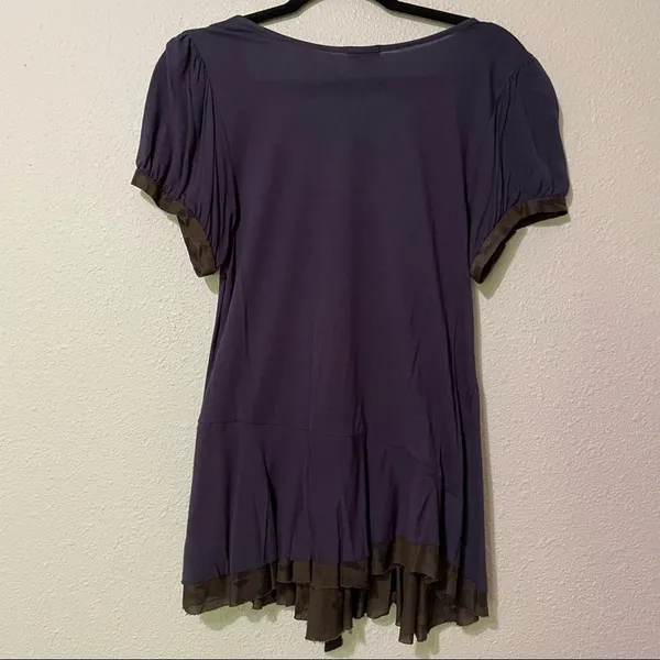 Anthropologie Left of Center Navy Blue Short Sleeve Tunic Camo Print Trim L Y2K Lagenlook Raw - Image 7
