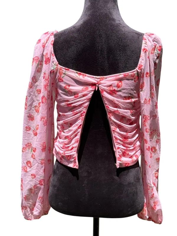 Fore Pink‎ Floral Mesh Ruched Bustier Crop Top Long Sleeve Square Neck Size L - Image 9
