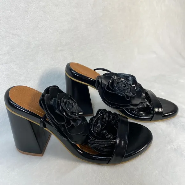 Lovella Flower Black Heel Sandals Block Heel Slip On Mules‎ Size 7/37 - Image 4