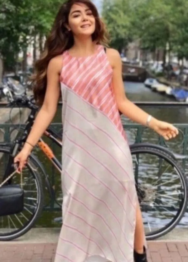 Zara Satin Effect Maxi Dress XS Long Striped Sleeveless Flowy Side Slits Lined - Image 2