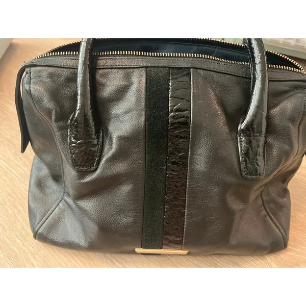 Cole Haan Black Soft Leather Satchel Handbag Gold Accents Navy Interior - Image 9