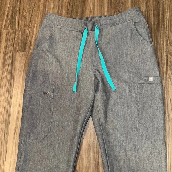 FIGS Yola Technical Collection Gray Scrub Pants Teal Drawstring‎ XS/T - Image 2