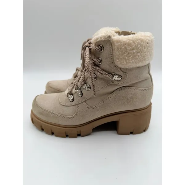 Soda Boots Faux Fur Trim Lug Sole Hiker Women's 6.5 Tan Combat Boot Outdoor - Image 2