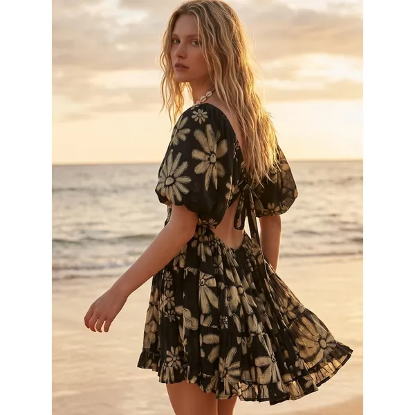 Free People Bohemian Floral Flutter Sleeve Perfect Day Printed Mini Dress Medium - Image 11