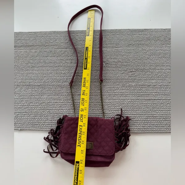 Art Class Burgundy Quilted Faux Suede Fringe Mini Bag Purse Crossbody - Image 7
