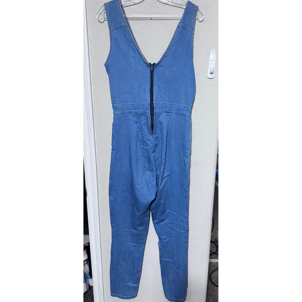 Blashe Denim Jumper Stretch Jumpsuit Blue V-Neck Back Zip Womens Large - Image 4