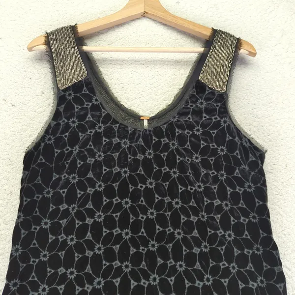Free People Velvet Mini Dress Black‎ Floral Beaded Sleeves Size 6 Eyelet Flapper - Image 3