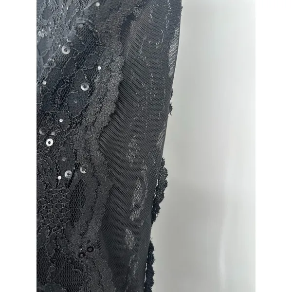 Lauren‎ RALPH LAUREN Lace Sequin Black Dress 14 Ruched Waist Sheer Sleeve Formal - Image 6