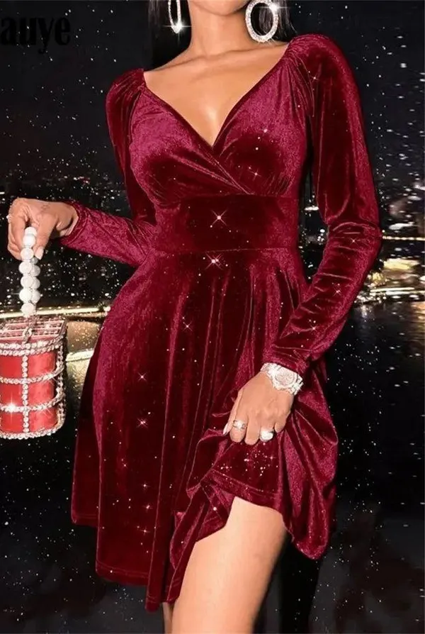 Red velvet king sleeve mini small Nwot red bling dress v - Image 2