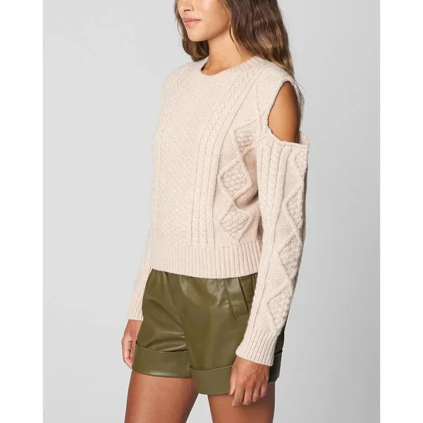 [BLANKNYC] Beige Crew Neck Cable Knit Cut Out Cold Shoulder Sweater Size Large‎ - Image 2
