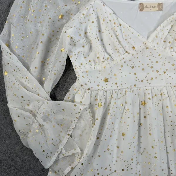 Altard State White Gold Star Tiered Ruffle Mini Dress Size Medium Puff Sleeve - Image 5