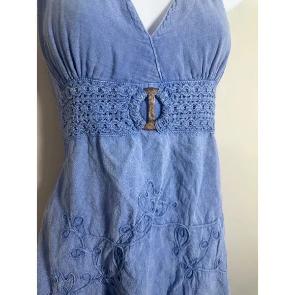 Glocam Blue Cotton Halter Dress Embroidered Crochet Waist Smocked Back Small - Image 2