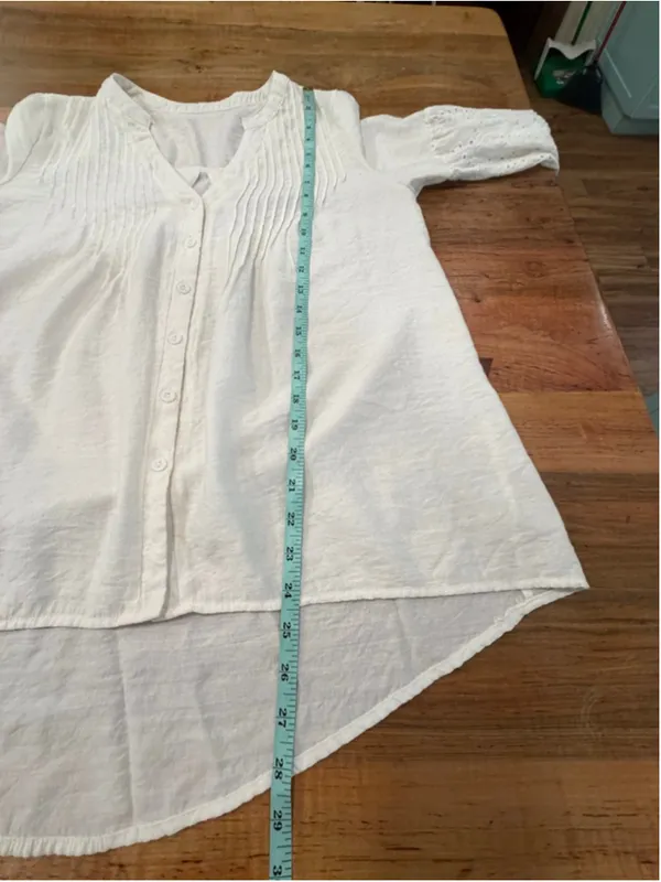 White Eyelet Puff Sleeve Pintuck Blouse Button Front High Low Tunic Boho Cottage - Image 8