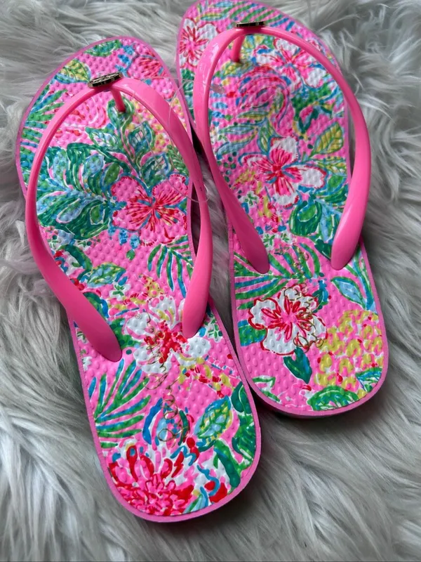 Lily Pulitzer Pink Multi Color Flip Flops Size 8 Women's - Image 5