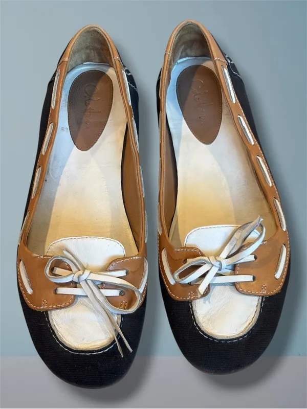 Cole Haan Nike Air Boat Shoe Driving Flats Black Canvas Tan Leather Bow Size 7B - Image 2