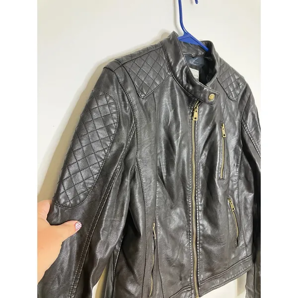 Levi Strauss Moto Jacket Womens Size M Brown Good Faux Leather Quilted Edgy - Image 4
