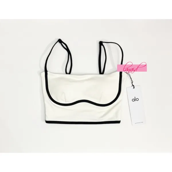 Alo Airbrush Streamlined Bra Tank Ivory Black Padded Sports Bralette Crop Top XS - Image 12